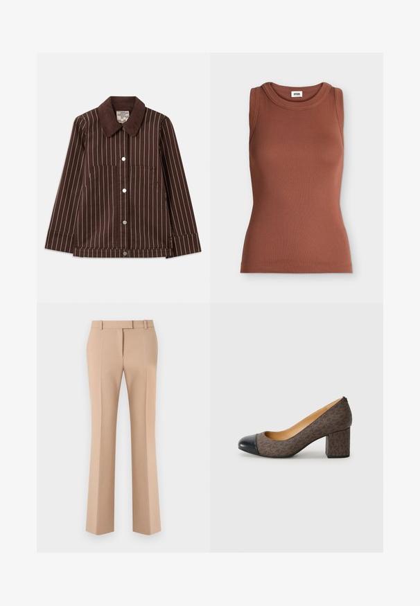 Bruine corduroyjas met witte verticale strepen, een puntige kraag, knopen aan de voorkant en twee opgestikte zakken.; Bruine mouwloze slim-fit geribde tanktop met ronde hals en merklabel binnenin de kraag.; Beige op maat gemaakte rechte broek met gulp en broekriemlussen, met een voorplooi, getoond tegen een witte achtergrond.; Bruine gestreepte hoge hak pump met een ronde zwarte neus en blokhak, met een gladde leerachtige textuur.