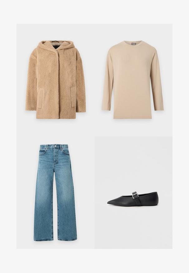 Beiger Kunstfellmantel mit Kapuze, entspannter Schnitt und zwei Vordertaschen. Die Textur ist weich und flauschig, was die Wärme erhöht.; Beige langärmliges T-Shirt mit Rundhalsausschnitt und geradem Saum, präsentiert vor einem schlichten weißen Hintergrund.; Hoch taillierte, hellblaue Jeans aus Denim mit weitem Bein, vorderer Knopfleiste und traditionellem Fünf-Taschen-Design auf einfarbigem Hintergrund.; Schwarzer flacher Lederschuh mit spitz zulaufender Spitze und seitlichem Schnallenriemen. Glatte Textur, minimalistisches Design, flaches Profil. Geeignet für den Freizeitgebrauch.