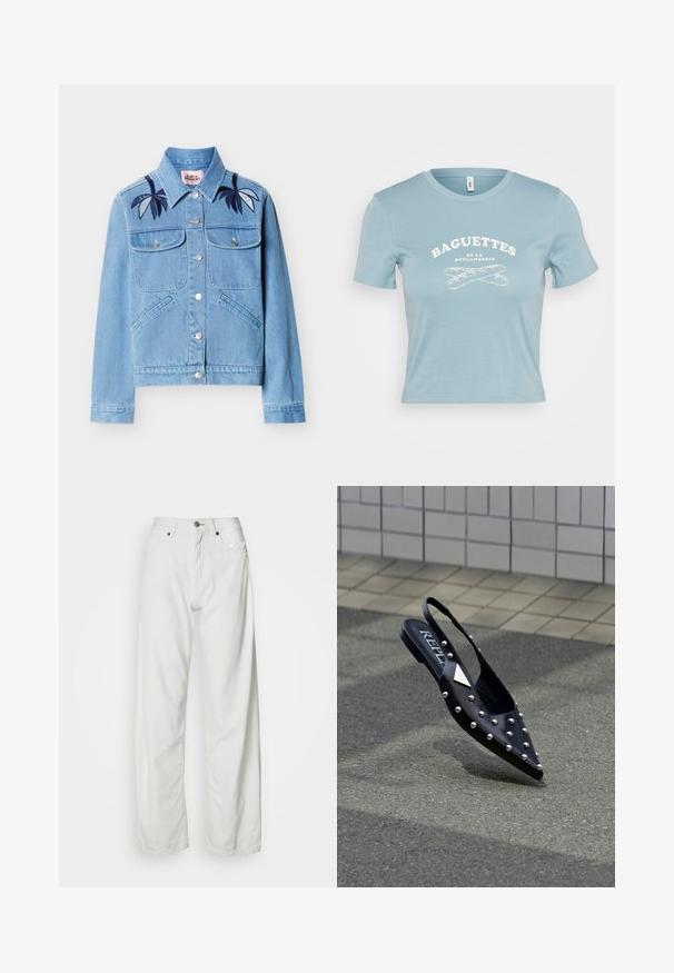 Ανοιχτό μπλε denim μπουφάν με κουμπιά στο μπροστινό μέρος, δύο τσέπες στο στήθος, πλαϊνές τσέπες και σκούρη μπλε κεντητή φύλλα στους ώμους.; Ανοιχτό μπλε κοντομάνικο μπλουζάκι από βαμβάκι, με λευκό γραφικό κείμενο "BAGUETTES DE LA BOULANGERIE" και σχέδιο διασταυρωμένων μπαγκέτες.; Λευκό τζιν παντελόνι με φαρδιά μπατζάκια από denim, με κούμπωμα με κουμπί και σχεδιασμό με πέντε τσέπες. Λείο υλικό με ελάχιστες ραφές.; Μαύρο μυτερό slingback παπούτσι από λείο υλικό, με ασημί καρφιά, επίπεδη σόλα και λογότυπο στο εσωτερικό της σόλας.
