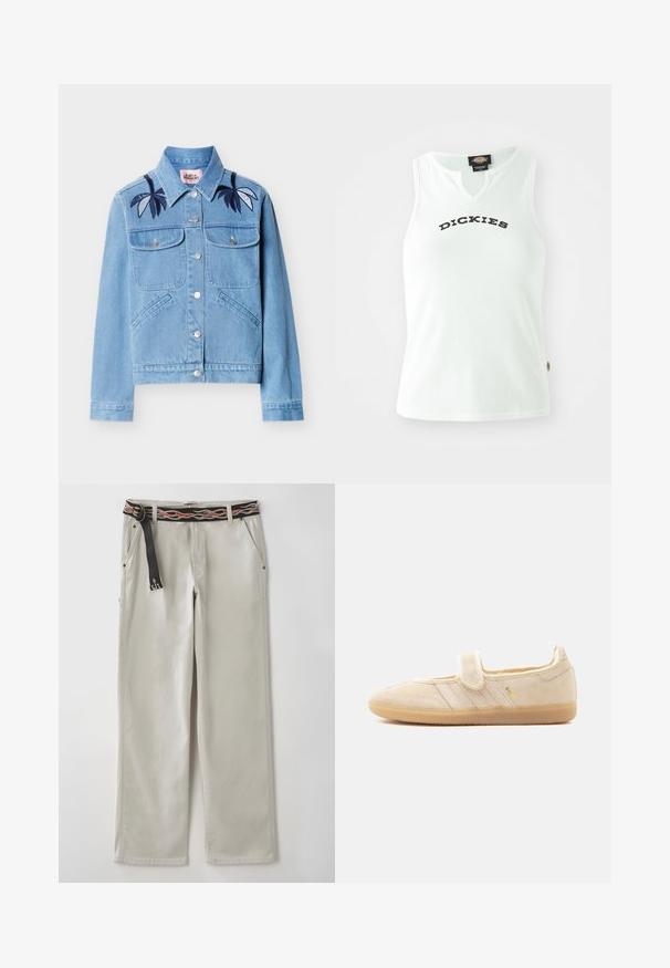 Veste en denim bleu clair avec fermeture à boutons, deux poches poitrine, poches latérales, et broderie de feuilles bleu foncé sur les épaules.; Débardeur blanc à côtes avec un design en V, affichant le mot "DICKIES" en lettres noires en gras sur la poitrine. Sans manches.; Pantalons larges gris clair avec une ceinture noire ornée de motifs de flammes orange. Fabriqués en coton, avec des poches latérales et une silhouette décontractée.; Baskets Mary Jane en daim beige avec sangle auto-agrippante, semelle en gomme, trois bandes cousues et marquage doré "SAMBA" sur le côté.