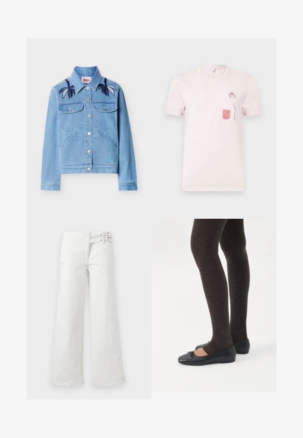 Veste en denim bleu clair avec fermeture à boutons, deux poches poitrine, poches latérales, et broderie de feuilles bleu foncé sur les épaules.; T-shirt rose clair à manches courtes avec une poche avant ornée d'un pot de smoothie à la fraise et d'une fraise avec une paille.; Pantalon blanc à jambes larges avec taille haute, détail double boucle sur le côté droit, couture avant et fermeture éclair.; Jambes portant des leggings côtelés foncés associés à des ballerines noires avec de petits détails en nœud sur fond blanc.
