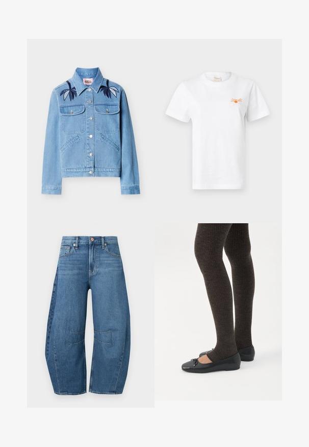 Veste en denim bleu clair avec fermeture à boutons, deux poches poitrine, poches latérales, et broderie de feuilles bleu foncé sur les épaules.; T-shirt en coton blanc à manches courtes. Présente un graphique de soleil orange et le texte "Closed" sur le côté gauche de la poitrine. Col ras du cou classique.; Jean bleu à jambes larges avec taille haute, poches avant et arrière, et détails prononcés des coutures aux genoux.; Jambes portant des leggings côtelés foncés associés à des ballerines noires avec de petits détails en nœud sur fond blanc.
