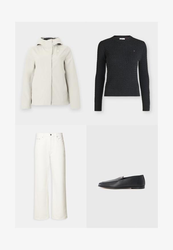Veste imperméable à capuche beige clair avec fermeture éclair dissimulée à l'avant et logo discret sur la poitrine, conçue pour une utilisation en extérieur.; Pull noir en maille torsadée à manches longues avec col rond et petit logo sur le haut gauche de la poitrine, poignets et bas côtelés.; Jean blanc à jambes larges avec boutons à l'avant, passants de ceinture et design à cinq poches.; Mocassins en cuir noir à texture lisse, bout arrondi et détails de couture subtils. Ils présentent un accent logo doré sur le côté supérieur.