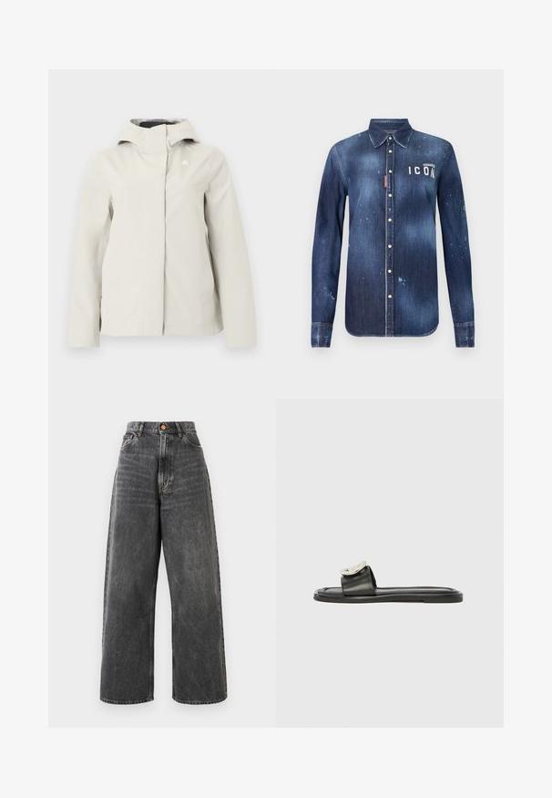 Veste imperméable à capuche beige clair avec fermeture éclair dissimulée à l'avant et logo discret sur la poitrine, conçue pour une utilisation en extérieur.; Chemise en denim bleu foncé, présentant un design à boutons, avec un effilochage préservé, des accents usés et un texte blanc "ICON" sur la poitrine.; Jean à taille haute et jambes larges en denim noir délavé avec poches avant, passants de ceinture et fermeture à bouton en cuivre.; Sandale à enfiler en cuir noir avec une large bride ornée d'un accent métallique, texture lisse, semelle plate et design minimaliste.