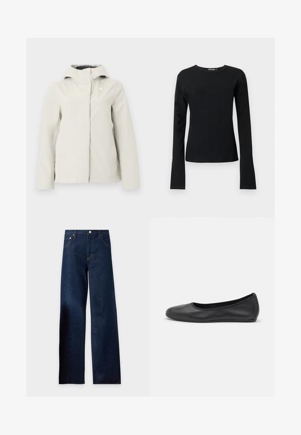 Veste imperméable à capuche beige clair avec fermeture éclair dissimulée à l'avant et logo discret sur la poitrine, conçue pour une utilisation en extérieur.; T-shirt noir ajusté à manches longues avec col rond, ourlet droit et tissu lisse, présenté sur un fond clair uni.; Jean en denim bleu foncé à coupe large avec poches avant, passants de ceinture et fermeture par bouton à la taille, présenté sur un fond clair.; Ballerines en cuir noir avec un bout rond, texture lisse, détails de couture minimalistes et design de semelle flexible.