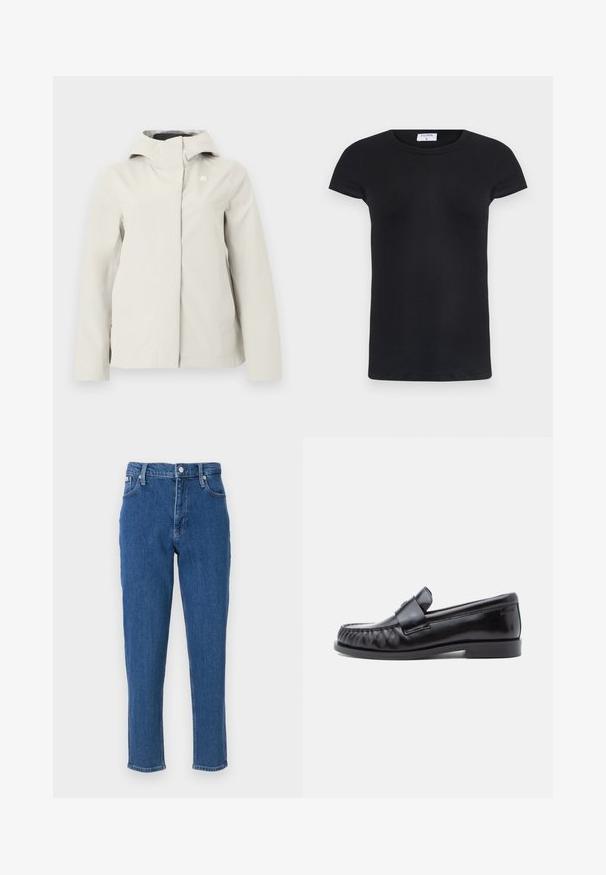 Veste imperméable à capuche beige clair avec fermeture éclair dissimulée à l'avant et logo discret sur la poitrine, conçue pour une utilisation en extérieur.; T-shirt noir à côtes avec un col rond et des manches courtes. Tissu doux avec une coupe ajustée, présentant une étiquette au niveau du cou.; Jean en denim bleu avec taille haute, fermeture éclair, cinq poches, jambes droites, et une texture légèrement décolorée, avec un ourlet net.; Mocassins en cuir noir avec un bout arrondi, une couture distinctive et une bride décorative sur le cou-de-pied. Finition lisse et talon bas.