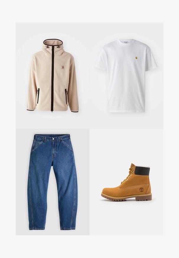 Veste en polaire beige avec un col haut, des fermetures éclair noires et des poches latérales. Présente un patch logo sur la poitrine et des finitions noires contrastées.; T-shirt en coton blanc à manches courtes, col rond, avec un petit logo doré sur la poitrine gauche. Texture douce et coupe régulière.; Jean en denim bleu à coupe décontractée, doté d'une fermeture à boutons, de cinq poches et de surpiqûres orange contrastantes. Texture lisse sur toute la surface.; Bottine en cuir brun avec œillets en métal, doublure en fourrure blanche, col rembourré noir, semelle robuste et logo en relief sur le côté.