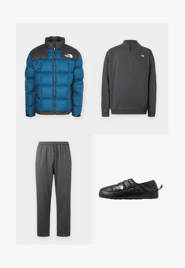 Blauwe pufferjack met een zwart doorgestikt schouderdeel, ritssluitingen, hoge kraag, zijzakken en logo-detail op de borst. Vulling biedt isolatie.; Donkergrijze trui met lange mouwen, kwart ritssluiting en klein wit The North Face-logo op de linkerborst.; Donkergrijze fleece joggingbroek met elastische tailleband en trekkoord, voorzien van een klein logo op de rechterdij.; Zwarte instapschoen met een gequilt ontwerp, gemaakt van gevoerd materiaal. Heeft een gestructureerde rubberen zool en een klein trekkoord aan de achterkant.