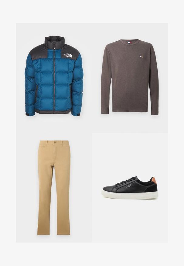 Blaues Pufferkurzjacke mit einer schwarzen gesteppten Schulterpartie, Reißverschluss, hohem Kragen, seitlichen Taschen und Logodetail auf der Brust. Die Füllung sorgt für Isolierung.; Langärmliges graues T-Shirt aus Baumwolle mit einem kleinen Logo auf der linken Brust. Rundhalsausschnitt und normale Passform mit glatter Textur.; Hellekhakifarbene, gerade geschnittene Baumwollhosen mit einem Knopfverschluss, Fronttaschen und einer glatten Textur.; Schwarze Ledersneaker mit weißer Gummisohle, runder Zehenpartie, Schnürverschluss und einem kontrastierenden Akzent aus braunem Wildleder an der Ferse. Minimalistisches Design.
