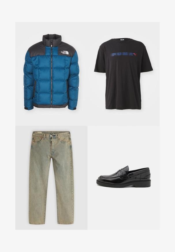 Blaues Pufferkurzjacke mit einer schwarzen gesteppten Schulterpartie, Reißverschluss, hohem Kragen, seitlichen Taschen und Logodetail auf der Brust. Die Füllung sorgt für Isolierung.; Schwarzes Baumwoll-T-Shirt mit einem blauen horizontalen Streifen und dem Wort "PUMA" sowie einem roten Logo eines springenden Pumas auf der Vorderseite. Kurze Ärmel.; Hellblaue, gerade geschnittene Jeans mit frontaler Knopfverschluss, fünf Taschen, Gürtelschlaufen und Kupferriegel-Details.; Schwarze Lederloafers mit glatter Oberfläche, abgerundetem Zehenbereich, niedrigem Absatz und dekorativer Naht entlang der Vorderseite. Gummisohle für guten Halt.