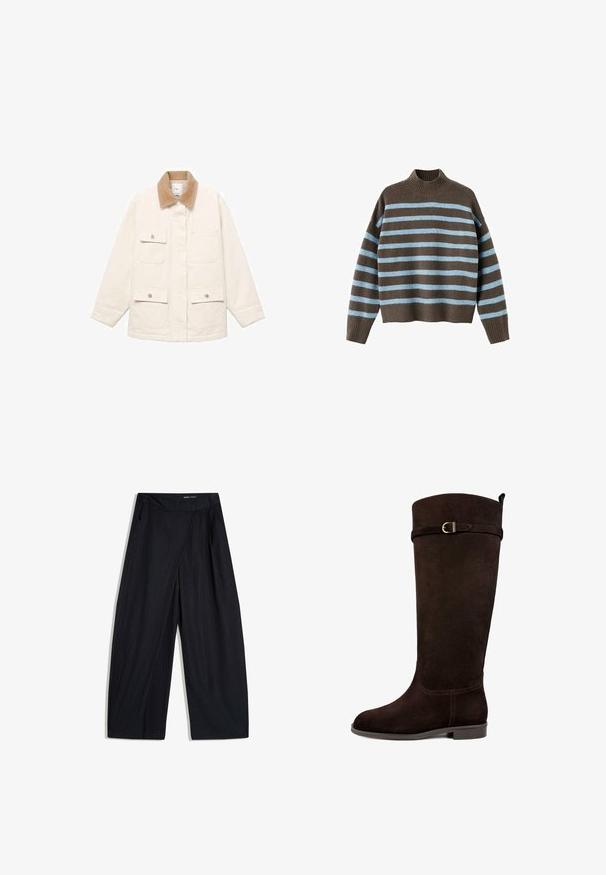 Cremefarvet jakke med et kordfløjlskrave, fire forlommer og trykknaplukninger. Lange ærmer med en lige skæring.; Brun strikket sweater med blå og mørkebrune horisontale striber, ribbet halsudskæring og kant. Løs pasform og lange ærmer. Blød tekstur.; Sorte vidde bukser med diskrete nålestriber, front overlap detalje, sidelommer og en skjult lukning i linningen.; Brune ruskindsknæhøj støvle med rund tå, flad hæl, sidelukning med spænde og syede detaljer langs sømmene.