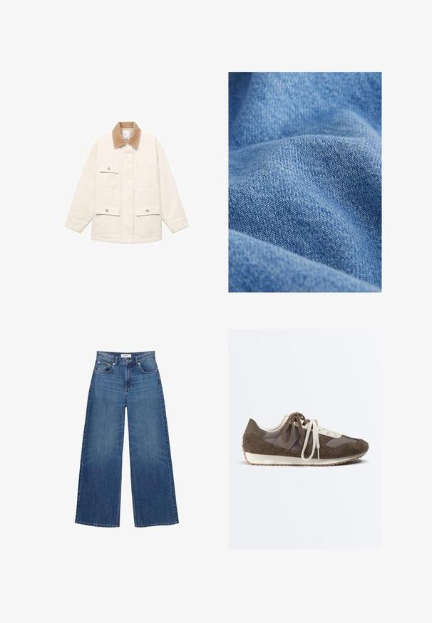 Cremefarvet jakke med et kordfløjlskrave, fire forlommer og trykknaplukninger. Lange ærmer med en lige skæring.; Denimstof i lys blå, der viser en blød, tekstureret overflade med et synligt twill vævemønster. Materialet ser let krøllet ud.; Højtaljede blå denimjeans med vide ben, forsideknap, lynlås, bæltestropper og fem lommer.; Brun og grå ruskindssneaker med hvid sål og mismatchede brune og hvide snørebånd, vist i profil mod hvid baggrund.
