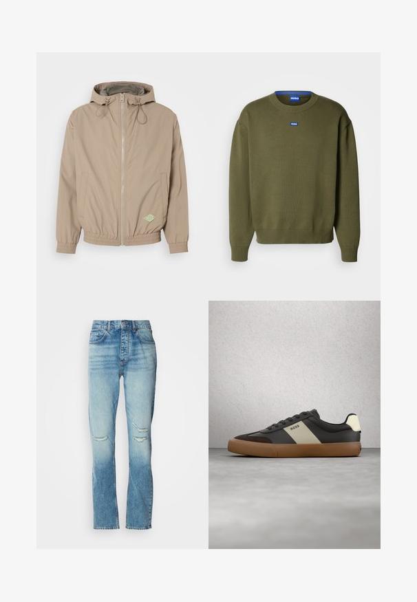 Lichtbeige beweegbare jas met capuchon, gemaakt van gladde stof, met een rits aan de voorkant, een elastische onderrand en een groen logoaccent aan de rechteronderzijde.; HUGO SAN CASEY - Trui - open green; Dames mid-rise blauwe jeans met een vervaagde wassing, versleten scheuren op beide knieën, recht gesneden pijpen en een klassieke vijf-pocketontwerp.; Zwarte en bruine sneaker met een beige streep en "BOSS"-logo, zwevend boven een grijze betonnen vloer en een achtergrond van glazen blokkenwand.