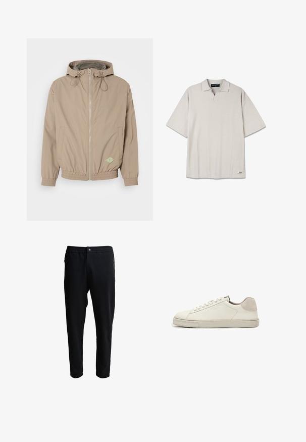 Helle beige Kapuzenjacke aus glattem Stoff mit einem Frontreißverschluss, elastischem Saum und grünem Logo-Akzent auf der unteren rechten Seite.; Hellgraues kurzärmliges Polohemd mit gerippter Textur, V-Ausschnitt und dezentem Markenlabel am Saum. Bietet eine lockere Passform.; Schwarze Jogginghose mit elastischem Bund, seitlichen Reißverschlusstaschen und schmal zulaufenden Beinen. Hergestellt aus weichem Stoff mit glatter Textur.; Weißer Sneaker aus Leder in niedriger Ausführung mit weißen Schnürsenkeln, leicht strukturierter Sohle und hellgrauem Wildleder-Fersenpatch, Seitenansicht.