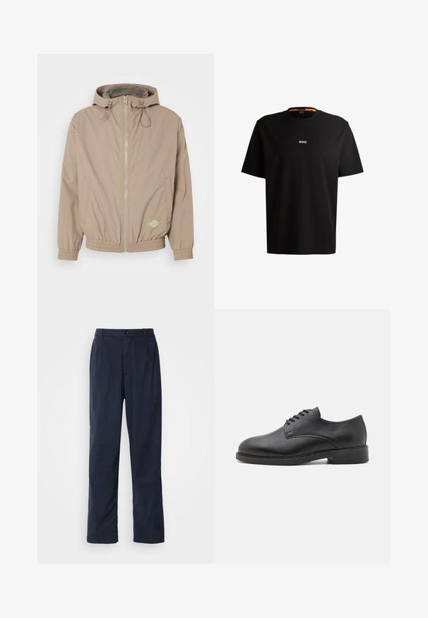 Lys beige hættejakke lavet af glat stof med frontlynlås, elastisk kant og grøn logoaccent på nederste højre side.; Sort bomulds t-shirt med rund halsudskæring, korte ærmer og hvid "BOSS" logo centreret på brystet. Glat tekstur, afslappet pasform.; Mørkeblå bukser lavet af en bomuldsblanding. Har et lige ben design, en frontknaplukning og diskrete plisser. Glat tekstur.; Sort læder oxford sko med en rund tå, der har en glat overflade, fem huller til snørebånd og en lav stablet hæl.