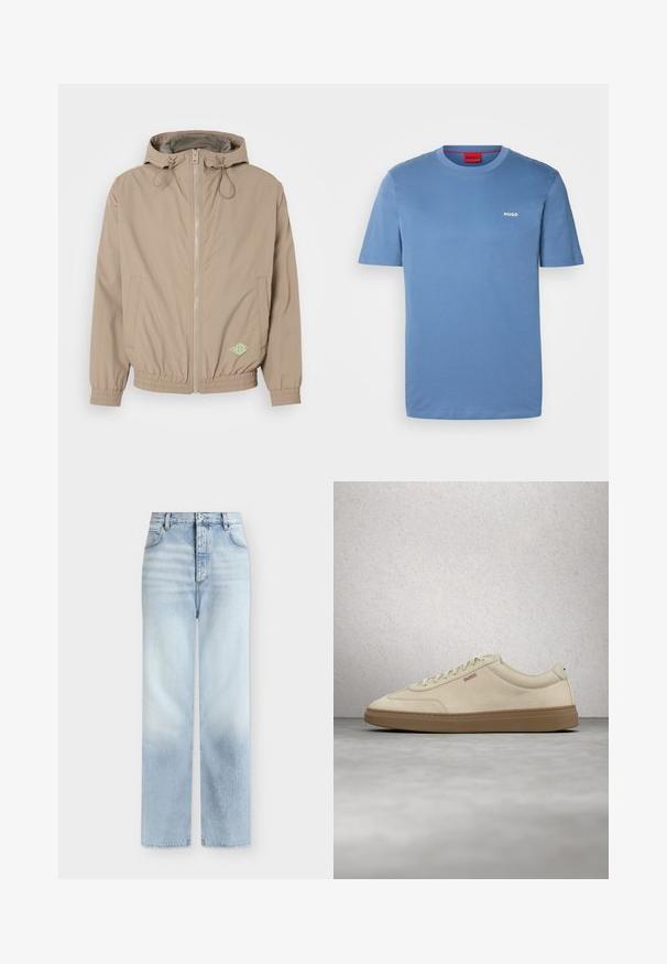Chaqueta con capucha de color beige claro, fabricada en tejido suave, con cremallera frontal, dobladillo elástico y acento de logo verde en la parte inferior derecha.; Camiseta de color azul claro hecha de algodón, con cuello redondo clásico, mangas cortas y un pequeño logo blanco de "HUGO" en el lado izquierdo del pecho.; Vaqueros azul claro de talle alto y pierna recta con bolsillos delanteros, trabillas para cinturón y cierre de botón.; Zapatilla de ante beige claro con suela de goma color caramelo, cordones prominentes y detalles de costura sutiles. Diseño limpio con una estética minimalista.