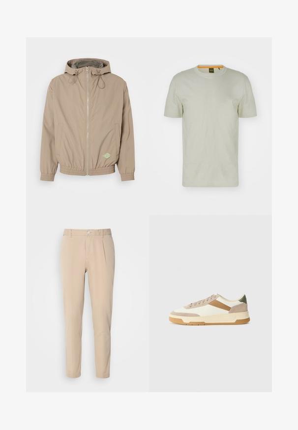 Helle beige Kapuzenjacke aus glattem Stoff mit einem Frontreißverschluss, elastischem Saum und grünem Logo-Akzent auf der unteren rechten Seite.; Hellgrünes T-Shirt mit kurzen Ärmeln aus weichem Stoff, mit Rundhalsausschnitt und einem dezenten Logo auf der Vorderseite. Einfaches Design mit minimalen Details.; Beige Hosen mit schmaler Passform, aus gewebtem Material. Sie verfügen über einen einzelnen Knopfverschluss, eine gefalte Vorderseite und gerade Beine.; Sneaker in Beige, Creme und Olivgrün, aus Wildleder und Leder, mit runder Zehenpartie, minimalistischem Design und Gummisohle.