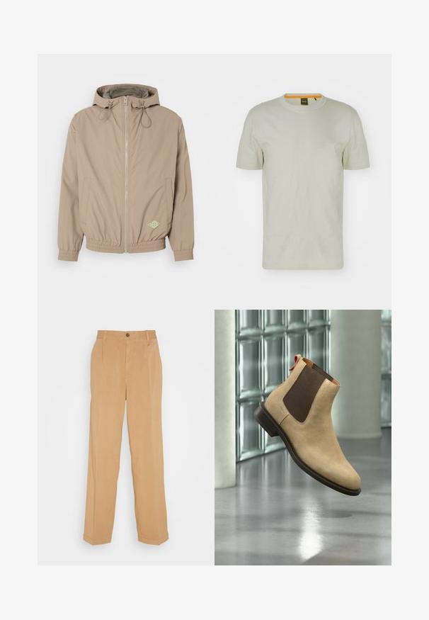 Lichtbeige beweegbare jas met capuchon, gemaakt van gladde stof, met een rits aan de voorkant, een elastische onderrand en een groen logoaccent aan de rechteronderzijde.; Lichtgroene korte mouwen T-shirt van zachte stof, met een ronde hals en een subtiel logo op de voorkant. Eenvoudig ontwerp met minimale details.; Beige wijde broek van zacht materiaal, voorzien van twee voorzakken, een knoopsluiting en plooidetails langs de benen.; Beige suède Chelsea-laars met donkerbruine elastische zijpanelen en trekband, getoond zwevend boven een reflecterende gepolijste vloer binnen.