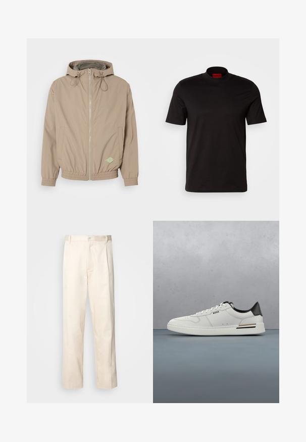 Chaqueta con capucha de color beige claro, fabricada en tejido suave, con cremallera frontal, dobladillo elástico y acento de logo verde en la parte inferior derecha.; Camiseta negra de manga corta con un diseño de cuello alto. Fabricada con un tejido suave. Presenta una etiqueta de marca roja en el interior del cuello.; Pantalones de algodón beige con corte recto, que cuentan con un cierre de botón y pliegues en la parte frontal para un detalle adicional.; Zapatilla baja blanca con talón negro, cierre con cordones, perforaciones sutiles y el logo "BOSS" en el costado, mostrada desde el perfil exterior.