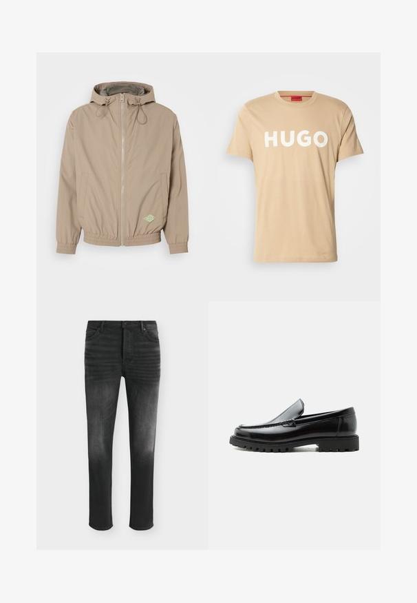 Helle beige Kapuzenjacke aus glattem Stoff mit einem Frontreißverschluss, elastischem Saum und grünem Logo-Akzent auf der unteren rechten Seite.; Beige Baumwoll-T-Shirt mit Rundhalsausschnitt, kurzen Ärmeln und einem auffälligen weißen "HUGO"-Logo auf der Vorderseite. Glatte Textur, lässiges Design.; Schwarze Skinny-Jeans mit ausgebleichten Details, Fünf-Taschen-Stil und Knopfverschluss in der Taille.; Schwarzer Lederloafer mit grober Gummisohle, genähter Oberseite und geprägtem Markennamen an der Ferse, seitlich auf weißem Hintergrund gezeigt.