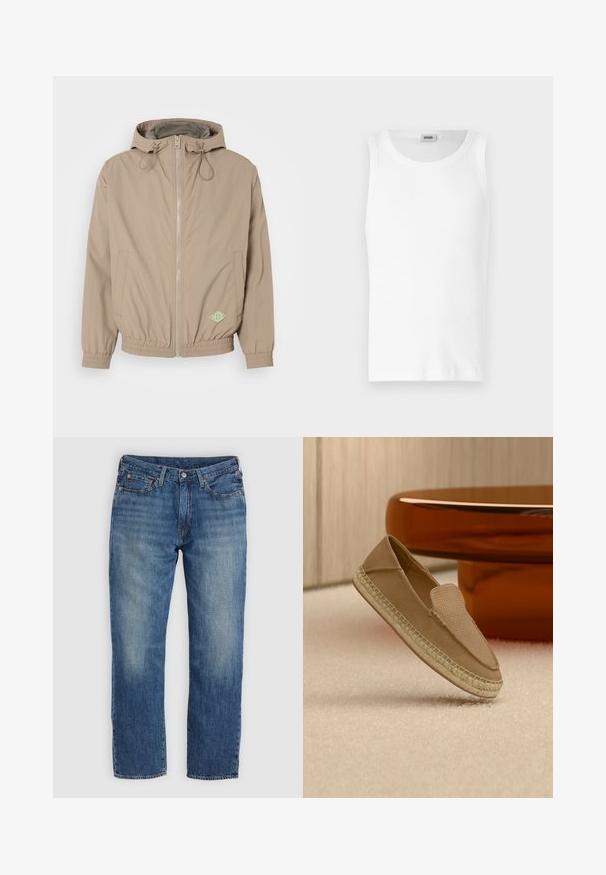 Helle beige Kapuzenjacke aus glattem Stoff mit einem Frontreißverschluss, elastischem Saum und grünem Logo-Akzent auf der unteren rechten Seite.; Weißes Baumwoll-Tanktop ohne Ärmel mit Rundhalsausschnitt und glatter Textur. Einfaches Design, ohne Muster oder Akzente.; Blaue Denim-Jeans mit geradem Beinverlauf, ausgewaschenen Bereichen, Fünf-Taschen-Design und Metallbeschlägen. Klassischer, vielseitiger Look.; Beiger Slip-on-Schuh mit strukturierter Oberseite und gewebter Sohle, aufrecht stehend auf einem hellen Teppichboden neben einem glänzenden braunen runden Tisch.