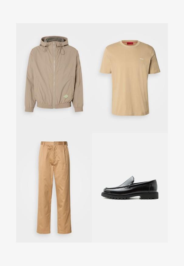 Helle beige Kapuzenjacke aus glattem Stoff mit einem Frontreißverschluss, elastischem Saum und grünem Logo-Akzent auf der unteren rechten Seite.; Beige Baumwoll-T-Shirt mit Rundhalsausschnitt, kurzen Ärmeln und einem kleinen weißen "HUGO"-Logo auf der Brust. Glatte Textur ohne Muster.; Khaki-Hosen aus Baumwollmischung, im geraden Schnitt, mit Vorderfalten, Gürtelschlaufen und Knopfverschluss. Glatte Textur ohne Muster.; Schwarzer Lederloafer mit grober Gummisohle, genähter Oberseite und geprägtem Markennamen an der Ferse, seitlich auf weißem Hintergrund gezeigt.