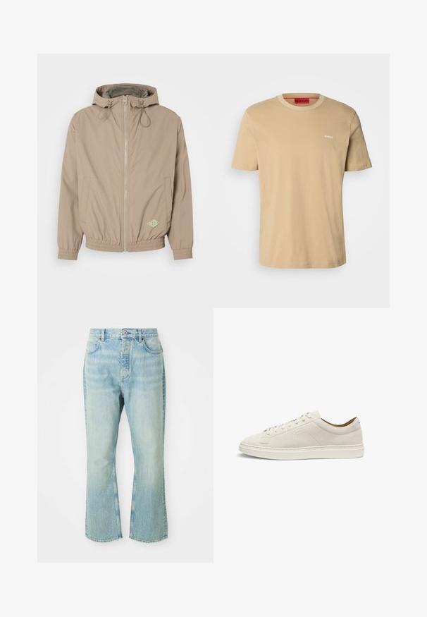 Lys beige hættejakke lavet af glat stof med frontlynlås, elastisk kant og grøn logoaccent på nederste højre side.; Beige bomulds t-shirt med rund halsudskæring, korte ærmer og et lille hvidt "HUGO" logo på brystet. Glat tekstur uden mønstre.; Lysblå denim flared jeans med høj talje, der har fem lommer, bæltestropper og en toned vævning.; Beige sneakers i lavt snit i ruskind med matchende snørebånd, flad sål og diskret præget "BOSS"-logo på siden, vist i profil.