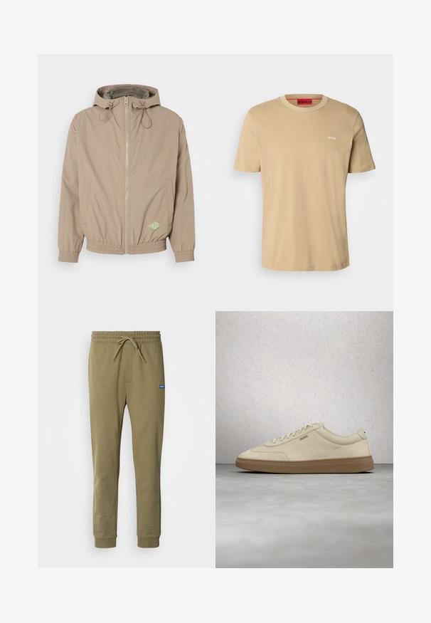 Chaqueta con capucha de color beige claro, fabricada en tejido suave, con cremallera frontal, dobladillo elástico y acento de logo verde en la parte inferior derecha.; Camiseta de algodón beige con cuello redondo, mangas cortas y un pequeño logo blanco "HUGO" en el pecho. Textura suave sin patrones.; Pantalones de chándal verde olivo con cintura elástica y cordón. Cuenta con bolsillos laterales y puños acanalados. Fabricados con material suave y elástico.; Zapatilla de ante beige claro con suela de goma color caramelo, cordones prominentes y detalles de costura sutiles. Diseño limpio con una estética minimalista.
