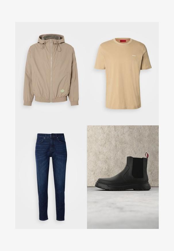 Lys beige hættejakke lavet af glat stof med frontlynlås, elastisk kant og grøn logoaccent på nederste højre side.; Beige bomulds t-shirt med rund halsudskæring, korte ærmer og et lille hvidt "HUGO" logo på brystet. Glat tekstur uden mønstre.; Mørkeblå denimbukser med lige ben, der har lommer og knaplukning i taljen. Blød tekstur, minimal falming.; Sort ankelstøvle med en glat overflade, elastiske sidepaneler og en kontrasterende rød træksløjfe, der har en tyk gummisål og rund tå.