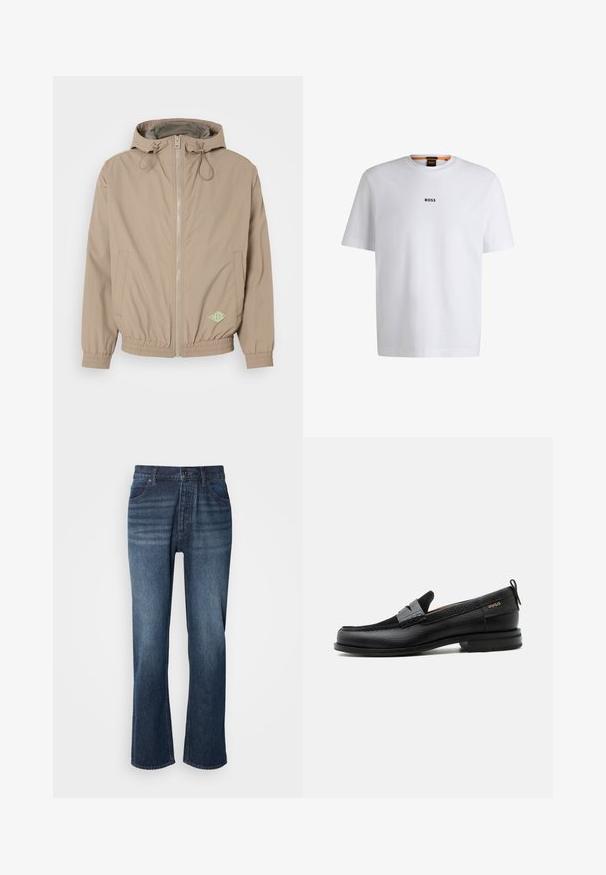 Helle beige Kapuzenjacke aus glattem Stoff mit einem Frontreißverschluss, elastischem Saum und grünem Logo-Akzent auf der unteren rechten Seite.; Weißes Baumwoll-T-Shirt mit kurzen Ärmeln, ausgestattet mit einem schwarzen "BOSS"-Logo, das mittig auf der Brust platziert ist, und einem runden Halsausschnitt.; Jeans aus Denim mit geradem Bein, mittlerer Waschung, Fünf-Taschen-Stil und Knopfverschluss. Der Stoff hat eine glatte Textur mit leichter Ausbleichung.; Schwarzer Lederloafer mit grauem Riemendetail, niedrigem Absatz und strukturierter Sohle, seitlich mit „HUGO“ in Gold gebrandmarkt.