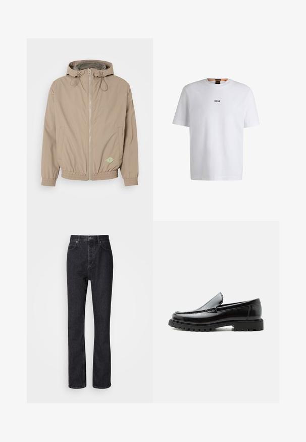 Helle beige Kapuzenjacke aus glattem Stoff mit einem Frontreißverschluss, elastischem Saum und grünem Logo-Akzent auf der unteren rechten Seite.; Weißes Baumwoll-T-Shirt mit kurzen Ärmeln, ausgestattet mit einem schwarzen "BOSS"-Logo, das mittig auf der Brust platziert ist, und einem runden Halsausschnitt.; Hochtaillierte schwarze Jeans aus Denim mit Knopf- und Reißverschluss, Vorder- und Hintertaschen sowie einer geraden Passform.; Schwarzer Lederloafer mit grober Gummisohle, genähter Oberseite und geprägtem Markennamen an der Ferse, seitlich auf weißem Hintergrund gezeigt.