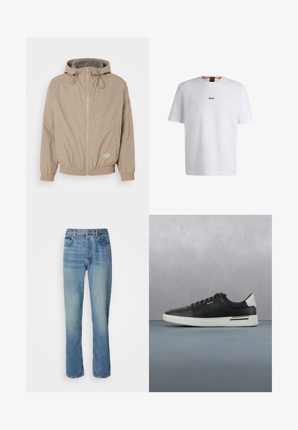 Helle beige Kapuzenjacke aus glattem Stoff mit einem Frontreißverschluss, elastischem Saum und grünem Logo-Akzent auf der unteren rechten Seite.; Weißes Baumwoll-T-Shirt mit kurzen Ärmeln, ausgestattet mit einem schwarzen "BOSS"-Logo, das mittig auf der Brust platziert ist, und einem runden Halsausschnitt.; Helle blaue, gerade geschnittene Denim-Jeans mit hoher Taille, vorderem Knopf, Reißverschluss und Fünf-Taschen-Design.; Schwarze Ledersneaker mit weißer Sohle, ausgestattet mit Perforationen, Schnürdesign, Logo an der Seite und kontrastierenden Fersendetails in Weiß und Braun.