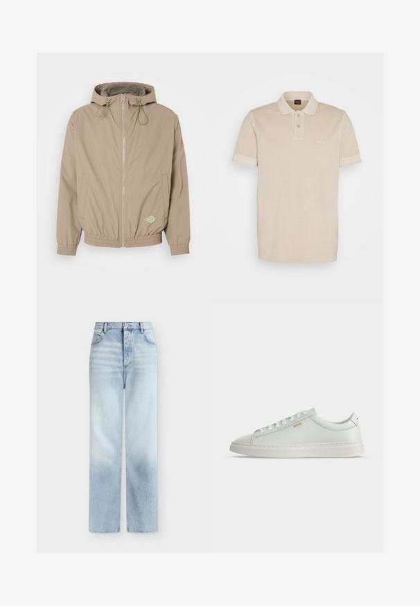 Helle beige Kapuzenjacke aus glattem Stoff mit einem Frontreißverschluss, elastischem Saum und grünem Logo-Akzent auf der unteren rechten Seite.; Beige Poloshirt aus weicher Baumwolle. Es verfügt über einen klassischen Kragen, zwei Knöpfe und ein kleines gesticktes Logo auf der Brust.; Hellblaue, hoch taillierte Jeans mit geradem Bein, Fronttaschen, Gürtelschlaufen und einem Knopfverschluss.; Weißer Leder-Sneaker in niedriger Ausführung mit Schnürsenkeln, flacher Sohle und kleinem goldfarbenem "BOSS" Logo an der Seite, von der Außenseite betrachtet.