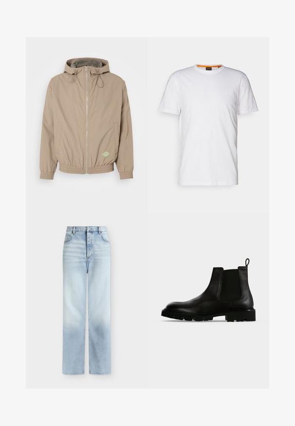 Chaqueta con capucha de color beige claro, fabricada en tejido suave, con cremallera frontal, dobladillo elástico y acento de logo verde en la parte inferior derecha.; Camiseta de algodón blanca con cuello redondo, mangas cortas y un sutil logo en relieve en el pecho. La etiqueta interior tiene un acento naranja.; Vaqueros azul claro de talle alto y pierna recta con bolsillos delanteros, trabillas para cinturón y cierre de botón.; Botín Chelsea de cuero negro hasta el tobillo con suela gruesa con tacos, paneles laterales elásticos y lengüeta de tirador sobre fondo liso.