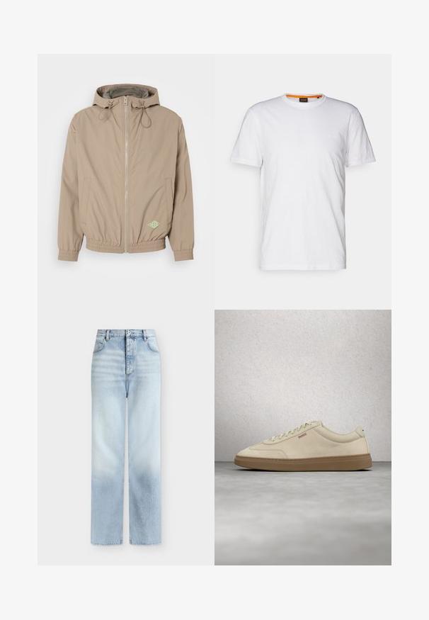 Chaqueta con capucha de color beige claro, fabricada en tejido suave, con cremallera frontal, dobladillo elástico y acento de logo verde en la parte inferior derecha.; Camiseta de algodón blanca con cuello redondo, mangas cortas y un sutil logo en relieve en el pecho. La etiqueta interior tiene un acento naranja.; Vaqueros azul claro de talle alto y pierna recta con bolsillos delanteros, trabillas para cinturón y cierre de botón.; Zapatilla de ante beige claro con suela de goma color caramelo, cordones prominentes y detalles de costura sutiles. Diseño limpio con una estética minimalista.