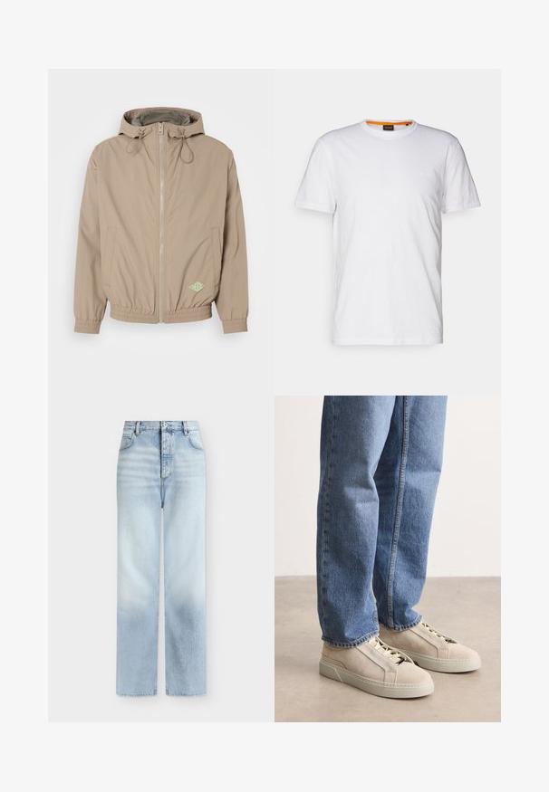 Lichtbeige beweegbare jas met capuchon, gemaakt van gladde stof, met een rits aan de voorkant, een elastische onderrand en een groen logoaccent aan de rechteronderzijde.; Witte katoenen T-shirt met ronde hals, korte mouwen en een subtiel reliëflogo op de borst. Het binnenlabel heeft een oranje accent.; Lichtblauwe, hoog getailleerde, rechte jeans met voorzakken, riemlussen en een knoopsluiting.; BOSS GARYTENN_SDHDEL - Sneakers laag - natural ten