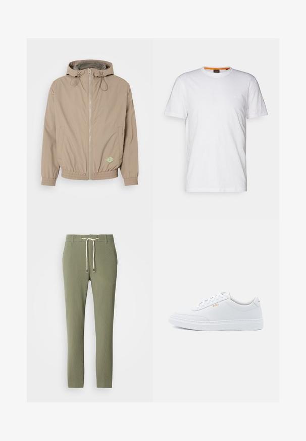 Lys beige hættejakke lavet af glat stof med frontlynlås, elastisk kant og grøn logoaccent på nederste højre side.; Hvid bomulds T-shirt med rund hals, korte ærmer og et subtilt præget logo på brystet. Indvendigt mærke har en orange detalje.; Grønne ribbedebukser med snøre i taljen, der har en glat tekstur og tapered ben. Subtile sølvdetaljer på snørebåndets ender.; Hvide lædersneakers med glat tekstur, rund tå og ton-i-ton syning. Har blå snørebånd og et gult logo på siden.