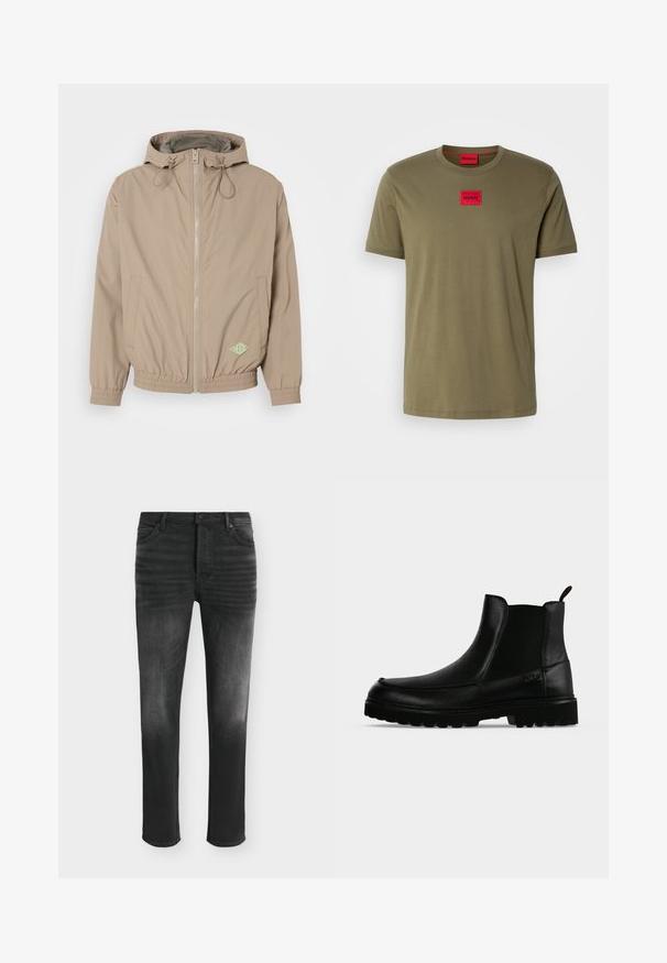 Chaqueta con capucha de color beige claro, fabricada en tejido suave, con cremallera frontal, dobladillo elástico y acento de logo verde en la parte inferior derecha.; Camiseta de algodón verde oliva con cuello redondo, mangas cortas y un parche con un logotipo cuadrado rojo en el pecho. Textura suave.; Vaqueros negros de corte ajustado con detalles desgastados, estilo de cinco bolsillos y cierre con botón en la cintura.; Bota negra de cuero hasta el tobillo con suela texturizada, paneles laterales elásticos y pestaña de tirador sobre fondo gris claro.