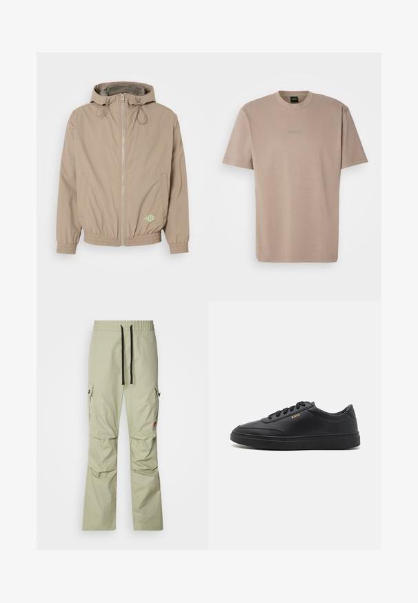 Chaqueta con capucha de color beige claro, fabricada en tejido suave, con cremallera frontal, dobladillo elástico y acento de logo verde en la parte inferior derecha.; Camiseta de algodón suave color beige con mangas cortas y cuello redondo, que presenta un logo bordado de "BOSS" en el pecho.; Pantalones cargo verde claro con un corte relajado, cintura elástica, cordón negro, dos bolsillos laterales y detalles de costura sutiles.; Zapatillas de cuero negro con una textura suave, punta redondeada, suela plana de goma y cordones a tono. Presentan el logotipo dorado "BOSS" en el lateral.