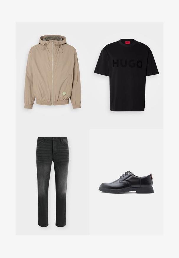 Lichtbeige beweegbare jas met capuchon, gemaakt van gladde stof, met een rits aan de voorkant, een elastische onderrand en een groen logoaccent aan de rechteronderzijde.; Zwarte katoenen t-shirt met korte mouwen en ronde hals, voorzien van een groot, glanzend zwart "HUGO" logo op de voorkant. Soepele textuur.; Zwarte skinny-fit jeans met vervaagde details, vijfzakkenstijl en knoopsluiting in de taille.; Zwarte leren veter schoenen met een gladde textuur, ronde neus en subtiel stiksel detail. Voorzien van een rode trekband op de hiel.