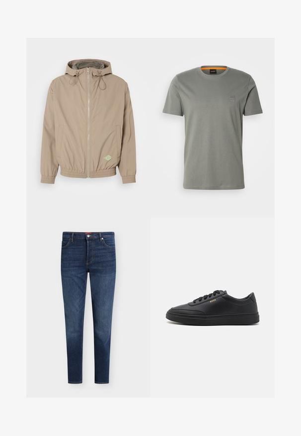 Lichtbeige beweegbare jas met capuchon, gemaakt van gladde stof, met een rits aan de voorkant, een elastische onderrand en een groen logoaccent aan de rechteronderzijde.; Grijze katoenen t-shirt met korte mouwen en een ronde hals. Heeft een klein vierkant logo-op-patch op de linker borst in een bijpassende kleur.; Donkerblauwe slim-fit jeans met voorzakken, riemlussen, knoopsluiting en subtiel vervagen op dijen en knieën.; Zwarte leren sneakers met een gladde textuur, ronde neus, platte rubberen zool en tonale veters. Kenmerkt zich door de gouden "BOSS" branding aan de zijkant.
