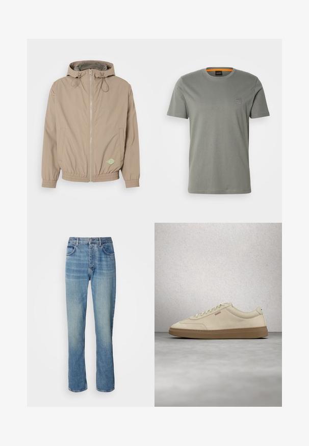 Lichtbeige beweegbare jas met capuchon, gemaakt van gladde stof, met een rits aan de voorkant, een elastische onderrand en een groen logoaccent aan de rechteronderzijde.; Grijze katoenen t-shirt met korte mouwen en een ronde hals. Heeft een klein vierkant logo-op-patch op de linker borst in een bijpassende kleur.; Lichtblauwe rechte spijkerbroek met een hoge taille, een frontknop, ritssluiting en een vijf-pocket ontwerp.; Lichtbeige suède sneaker met een zool van gumrubber, opvallende veters en subtiele stikdetails. Strak ontwerp met een minimalistische uitstraling.