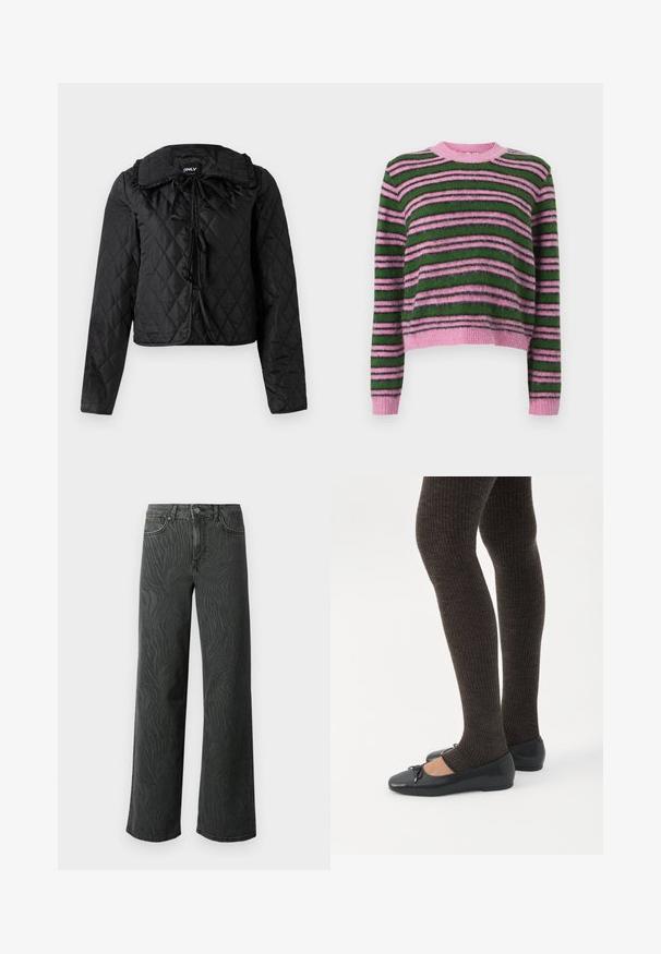 Veste matelassée noire avec manches longues, col volanté et trois fermetures à nouer à l'avant, suspendue sur un fond blanc.; Pull à rayures aux nuances de rose et de vert, confectionné dans un matériau doux, avec un col rond et des poignets côtelés pour la texture.; Jeans évasés en denim gris foncé, présentant une texture subtile à motif zèbre, des coutures contrastées, et un design à cinq poches avec un zip à bouton.; Jambes portant des leggings côtelés foncés associés à des ballerines noires avec de petits détails en nœud sur fond blanc.