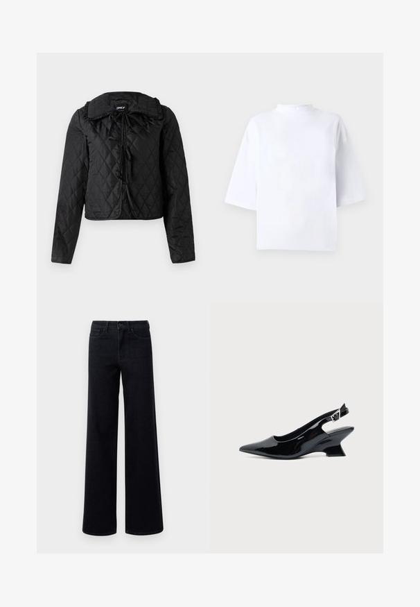 Chaqueta negra acolchada con mangas largas, cuello fruncido y tres cierres frontales con lazo, colgando sobre un fondo blanco.; Top blanco de algodón de manga corta con escote alto y redondeado y ajuste holgado. Textura suave, sin patrones ni detalles visibles.; Jeans de denim negro de pierna ancha con una cintura alta, que cuentan con bolsillos estándar y cierre de botón. Textura suave con ligero estiramiento.; Zapato slingback de cuero charol negro con puntera puntiaguda y tacón bajo en bloque inclinado sobre fondo claro liso.