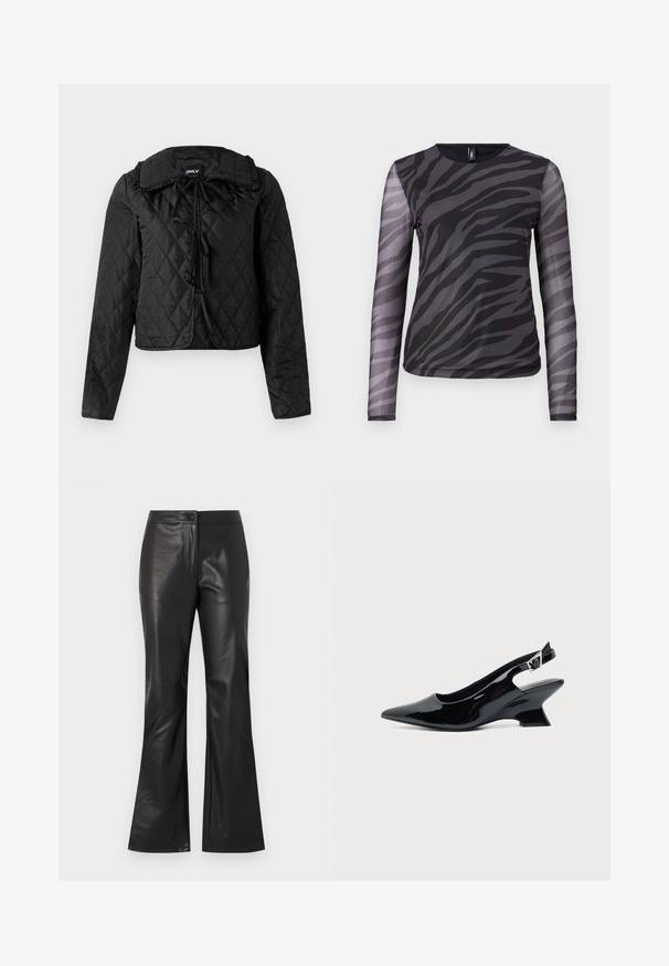 Veste matelassée noire avec manches longues, col volanté et trois fermetures à nouer à l'avant, suspendue sur un fond blanc.; T-shirt à manches longues avec un motif zèbre noir et gris, fabriqué en mesh léger avec un col rond.; Pantalons évasés en cuir noir avec une texture lisse, dotés d'une fermeture éclair avant et d'un bouton. Le design est ajusté au niveau des hanches, s'évasant au niveau de l'ourlet.; Chaussure slingback en cuir verni noir avec bout pointu et petit talon bloc incliné sur fond clair uni.