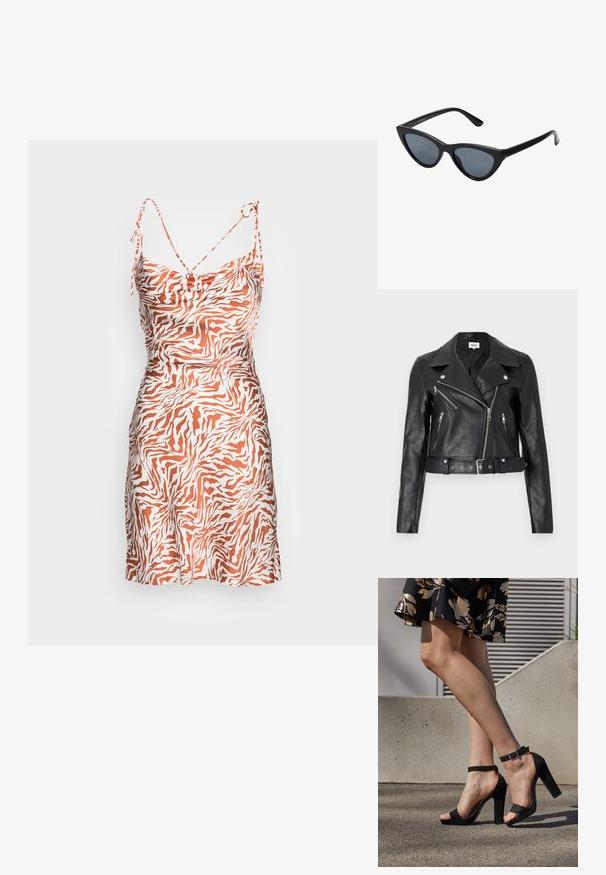 Schwarze, kurz geschnittene Bikerjacke aus Leder mit silbernen Reißverschlüssen, breiten Revers und tailliertem Gürtel. Strukturierte Oberfläche mit vier Reißverschlusstaschen.; Orange und weißes Zebra-Print-Kleid aus leichtem Stoff, mit dünnen verstellbaren Trägern und einem körperbetonten Oberteil mit ausgestelltem Rock.; Schwarze Wildleder-High-Heelsandalen mit einem Knöchelriemen und einer Schnalle, offener Zehenpartie und einem stabilen Absatz. Glatte Textur und minimalistischer Stil.; Schwarze Cat-Eye-Sonnenbrille mit dunkelgrauen Gläsern, schlankem Kunststoffrahmen, spitzen Ecken und geraden Bügeln. Keine sichtbaren Befestigungen oder Akzente.