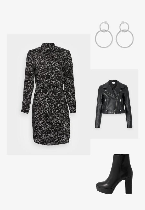 Schwarze, kurz geschnittene Bikerjacke aus Leder mit silbernen Reißverschlüssen, breiten Revers und tailliertem Gürtel. Strukturierte Oberfläche mit vier Reißverschlusstaschen.; Schwarzes Kleid mit einem weißen Polkadot-Muster, langen Ärmeln, Knopfverschluss und tailliertem Bund. Glattes Material mit einem Kragen.; Schwarze Lederknöchelstiefel mit einem hohen Blockabsatz und Plateau. Glatte Textur, einfaches Design und ein Reißverschluss hinten.; Silberne Ohrringe aus Metall mit zwei miteinander verbundenen Kreisen, einem größeren und einem kleineren, mit gebürsteter Oberfläche und Steckverschluss.
