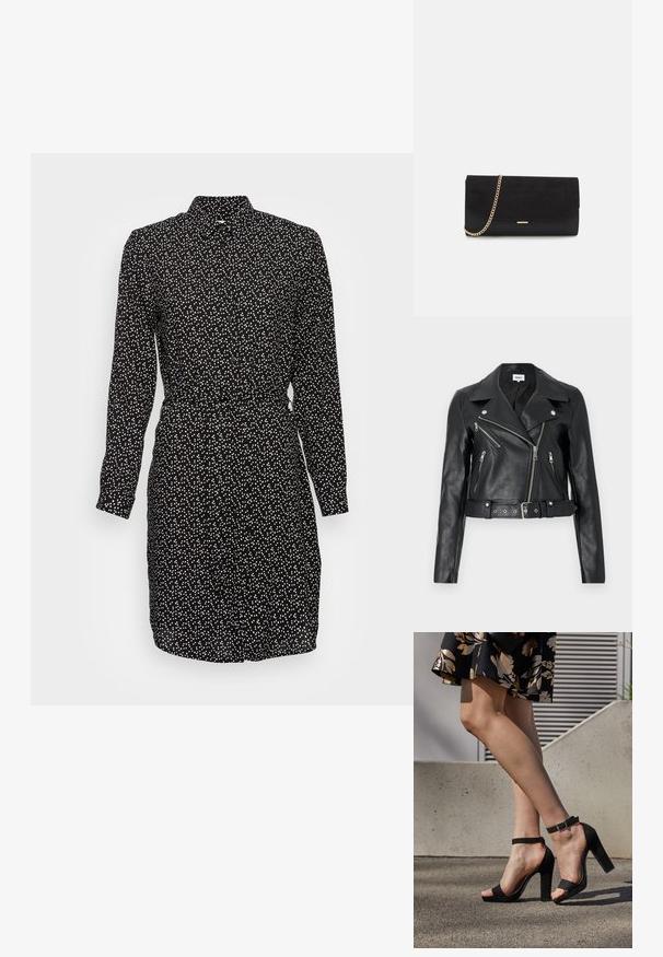 Chaqueta de cuero negro estilo biker recortada con cremalleras plateadas, solapas anchas y cintura con cinturón. Acabado texturizado con cuatro bolsillos con cremallera.; Vestido negro con un patrón de lunares en blanco, mangas largas, cierre de botones y cintura ajustada. Tejido suave con un cuello.; Sandalias de tacón alto de ante negro con una correa en el tobillo y hebilla, diseño de punta abierta y tacón ancho. Textura suave y estilo minimalista.; Bolso de mano negro hecho de ante con un acabado texturizado, que presenta una cadena dorada y un diseño elegante y angular.