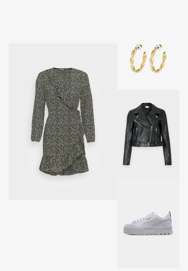 Sort læder bikerjakke cropped med sølv lynlåse, brede revers og bælte i taljen. Tekstureret finish med fire lynlåslommer.; ONLY ONLCARLY L/S SHORT NOOS WVN - Hverdagskjole - granite green; Hvide platform sneakers med en glat læderoverdel, polstret krave, grå gummisål og gyldne detaljer med Puma-logoet.; Guld snoede hoops øreringe med en glat overflade, der har en transparent baggrund og hardware i guldtoner.