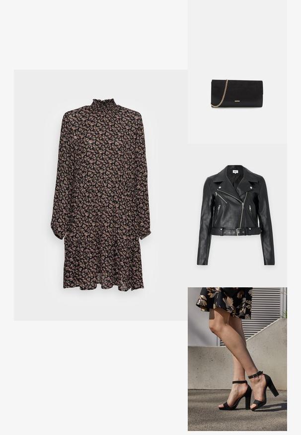 Sort læder bikerjakke cropped med sølv lynlåse, brede revers og bælte i taljen. Tekstureret finish med fire lynlåslommer.; Sort blomsterkjole med lange ærmer, samlet hals og flagrende kant. Har små rosa og cremefarvede blomster på en mørk baggrund.; Sorte ruskinds høje hæle sandaler har et ankelstrop med spænde, åben tå design og en kraftig hæl. Glat tekstur og minimalistisk stil.; Sort clutch taske lavet af ruskind med en struktureret overflade, udstyret med en guld kædestrop og et elegant, kantet design.